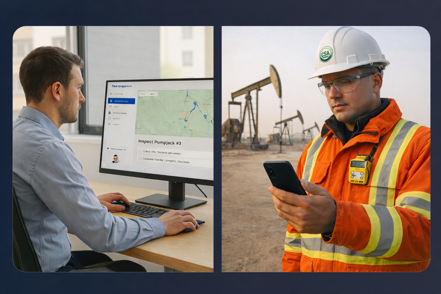 Dispatcher at desk and oilfield worker with pump jacks
