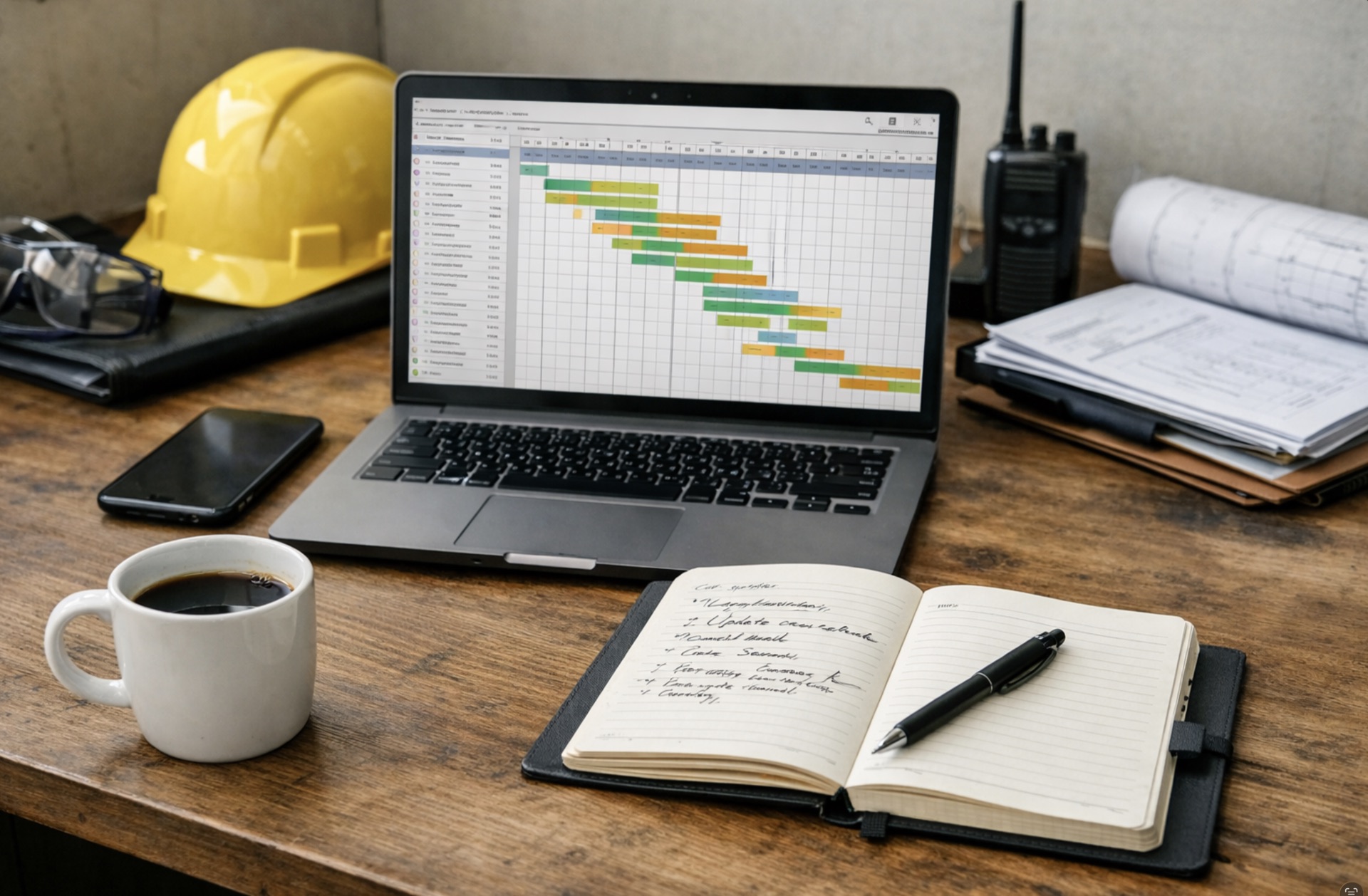Oilfield desk with laptop, hard hat, and planning notebook