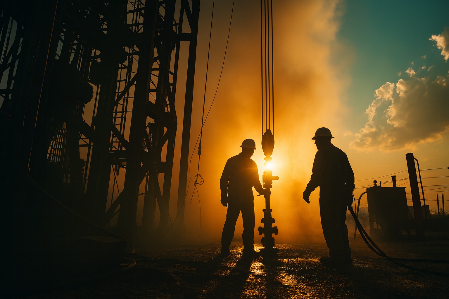 Oilfield workers silhouetted at sunset on a rig site