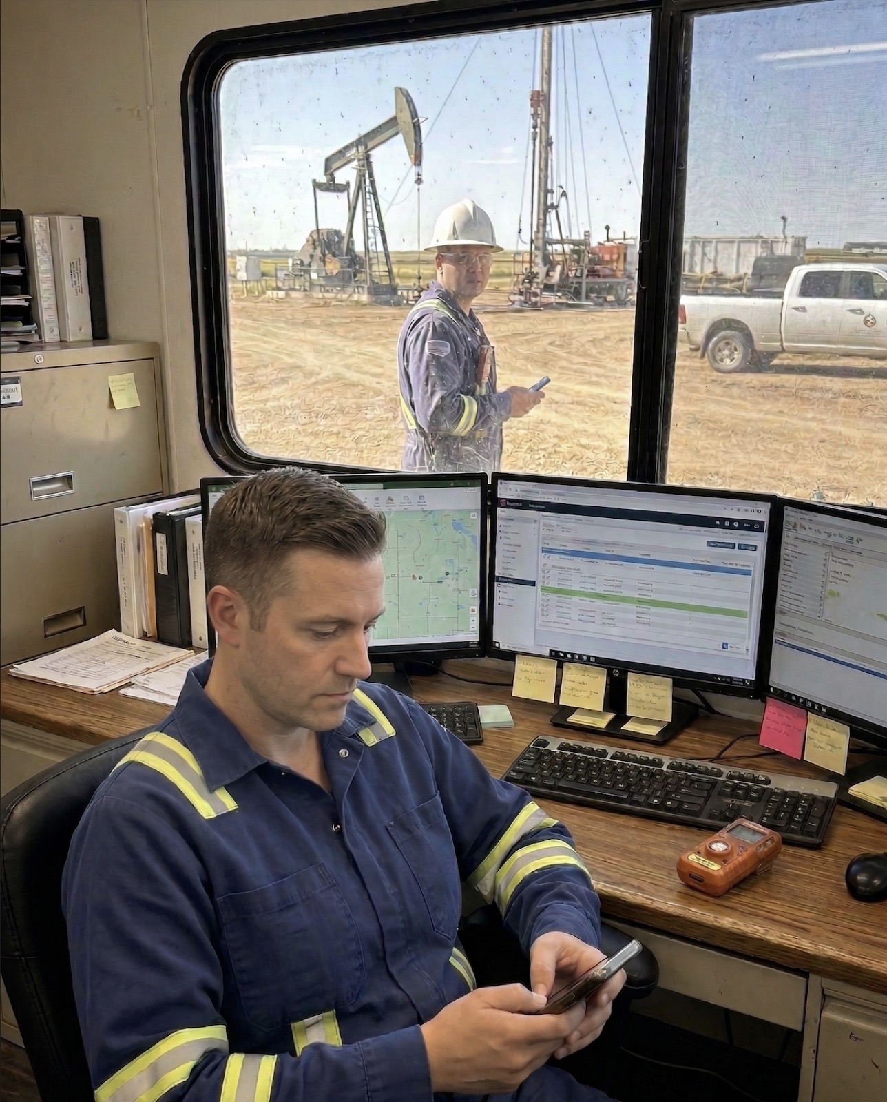 Operator using HitchGuardian dashboard with oilfield site in background